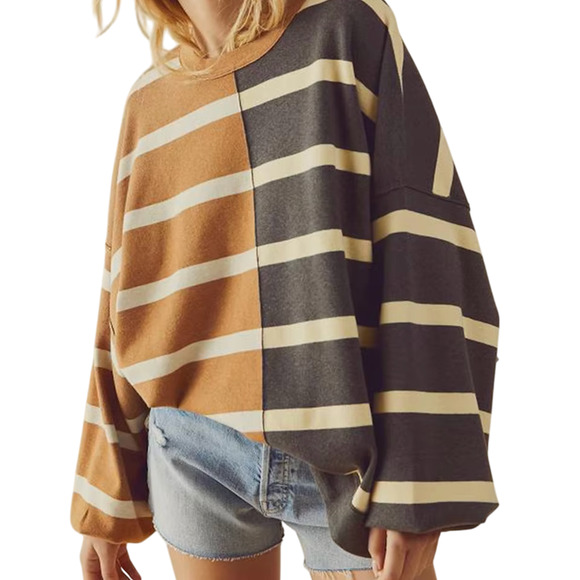 Free People Sweater - Uptown Striped Pullover - Brown and Cream - Picture 1 of 13